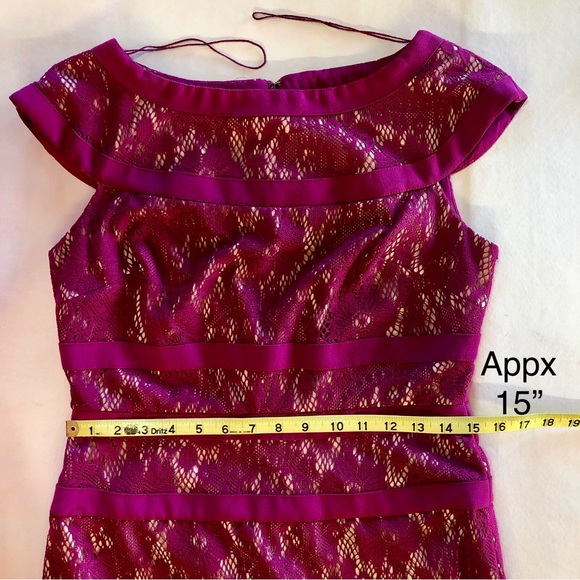Adrianna Papell Lace Cap Sleeves Maroon Sheath Dress Midi (6) - Picture 11 of 17